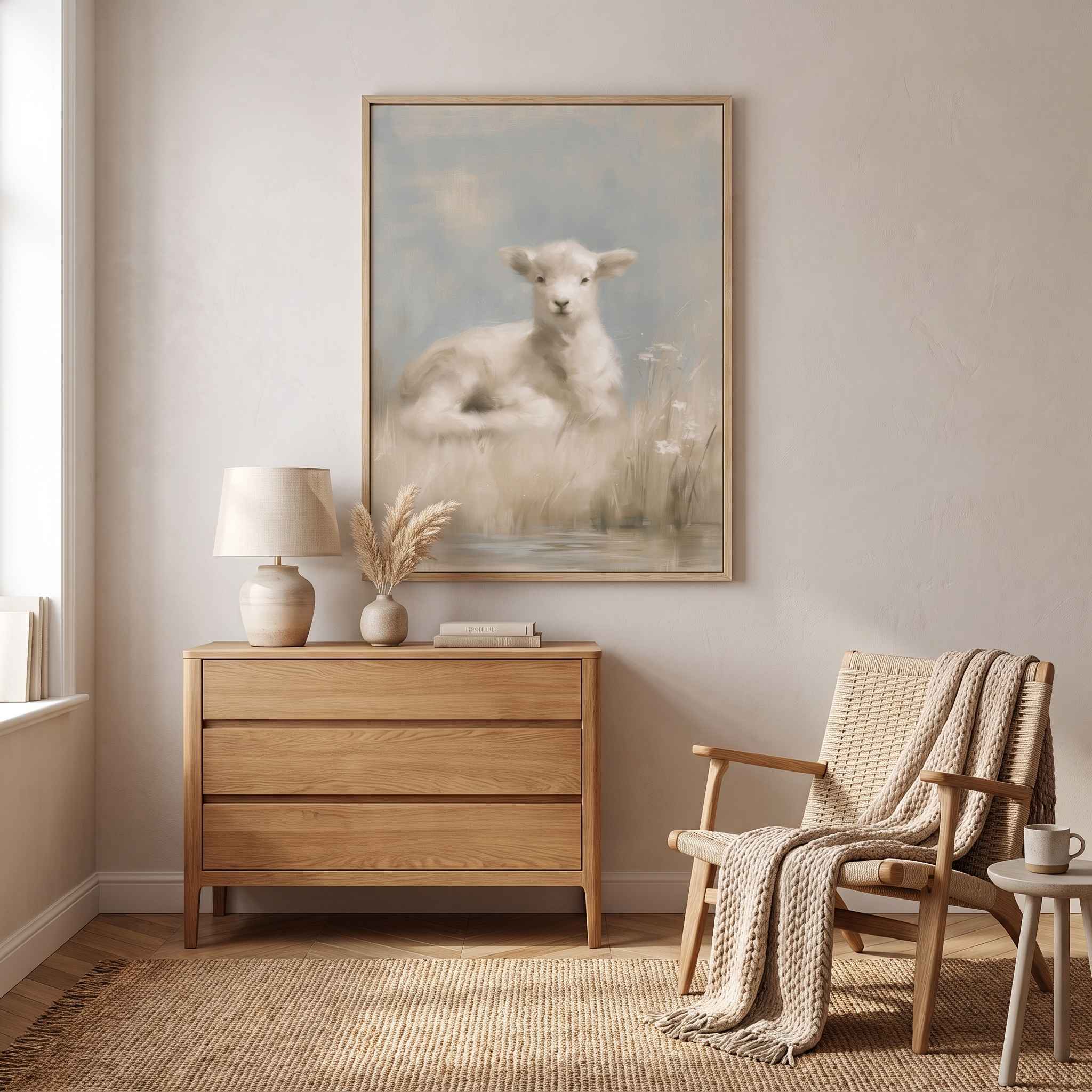 Rest by Still Waters Christian lamb framed wall art above a wooden dresser beside a woven reading chair and cream knitted throw in a neutral room.