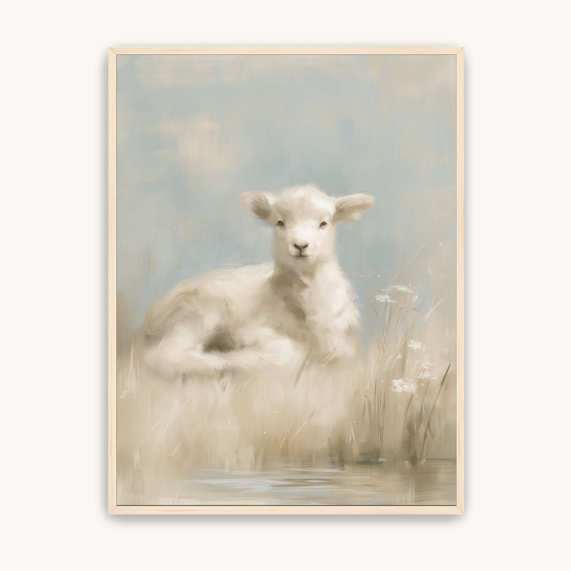 Rest by Still Waters Christian lamb wall art showing a white lamb resting beside quiet water and delicate wildflowers, in soft blue and cream tones with a light wood frame.