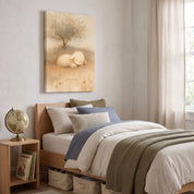 Rest in Him sleeping lamb Christian kids canvas wall art above a wooden bed with blue and cream bedding, beside a globe in a sunlit children’s bedroom.