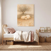 Rest in Him sleeping lamb Christian kids canvas wall art above a wooden bed with cream and blush bedding, beside books and toy baskets in a child’s room.