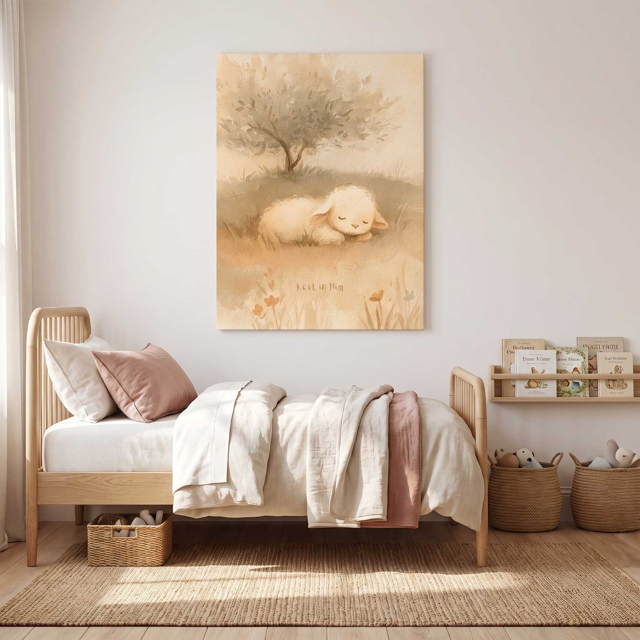 Rest in Him sleeping lamb Christian kids canvas wall art above a wooden bed with cream and blush bedding, beside books and toy baskets in a child’s room.