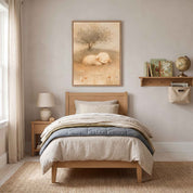 Framed Rest in Him sleeping lamb Christian kids wall art above a wooden bed with cream and blue bedding, beside a shelf with books and a globe.