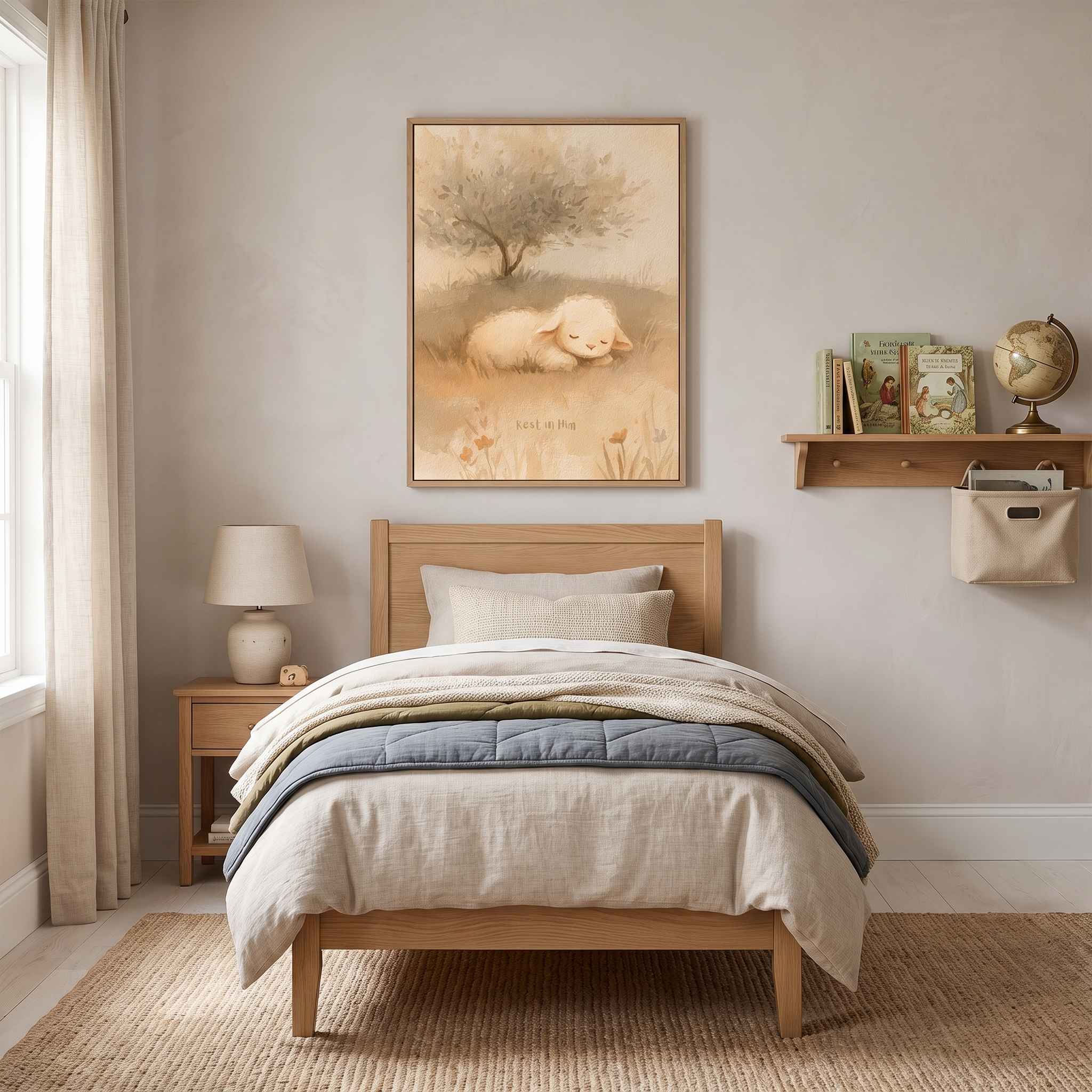 Framed Rest in Him sleeping lamb Christian kids wall art above a wooden bed with cream and blue bedding, beside a shelf with books and a globe.