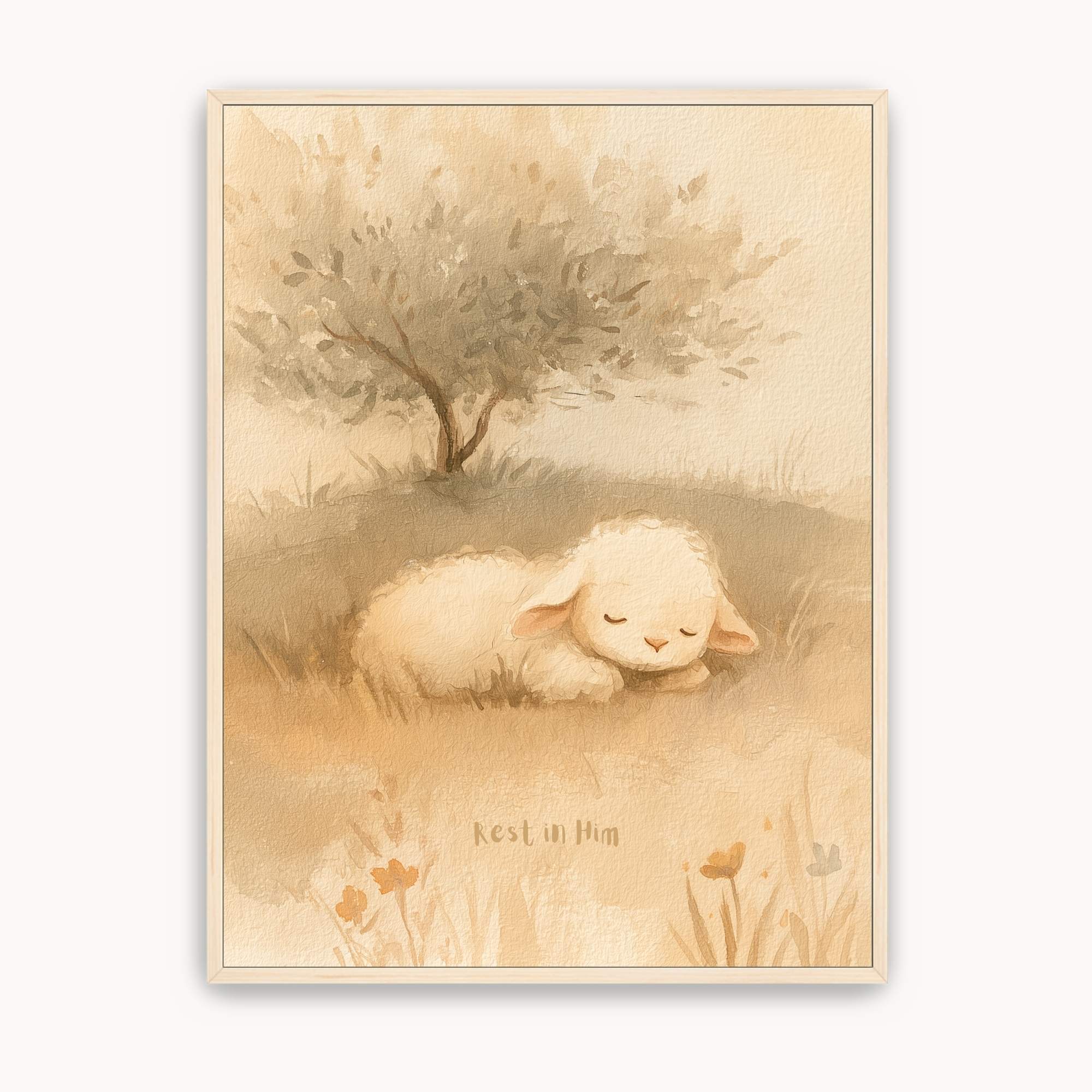 Rest in Him Christian kids wall art showing a sleeping white lamb beneath a leafy tree, with wildflowers and warm beige tones in a light wood frame.