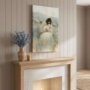 Rest in His Arms Jesus holding a lamb Christian canvas wall art above a wooden fireplace mantel with blue flowers against a beige paneled wall.