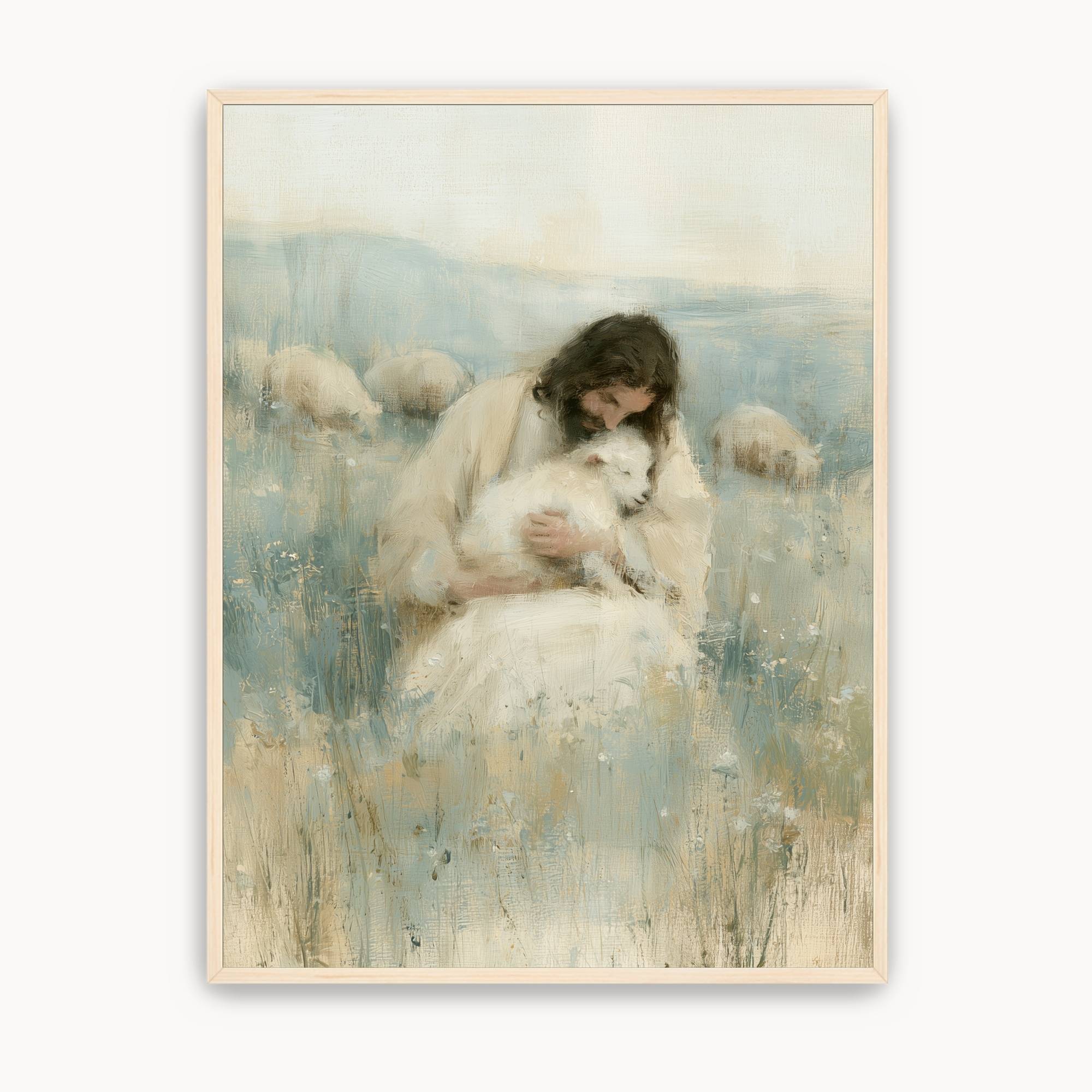 Rest in His Arms Christian wall art showing Jesus gently holding a white lamb in a meadow with sheep behind Him, displayed in a light wood frame.
