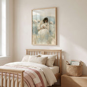 Framed Rest in His Arms Jesus holding a lamb Christian wall art above a wooden bed with cream and blush bedding beside a basket of children’s books.