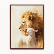 Framed Christian wall art featuring a golden lion beside a white lamb, symbolizing Jesus as the Lion of Judah and Lamb of God in Revelation 5:5–6.
