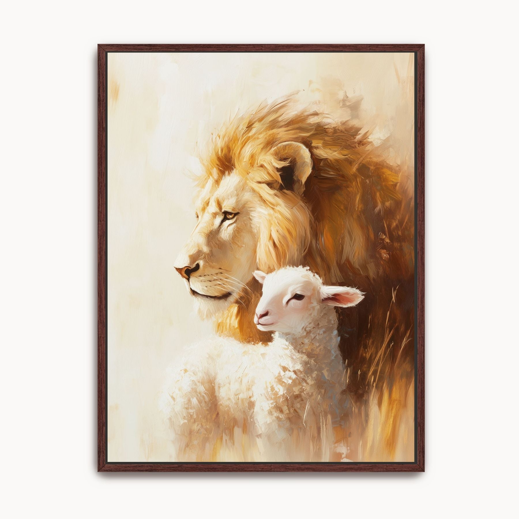 Framed Christian wall art featuring a golden lion beside a white lamb, symbolizing Jesus as the Lion of Judah and Lamb of God in Revelation 5:5–6.