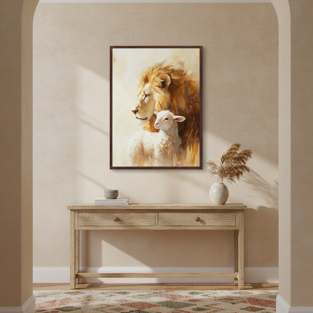 Prophetic Lion of Judah and Lamb of God wall art inspired by Revelation 5:5–6, displayed in a modern farmhouse entryway above a wooden console table.