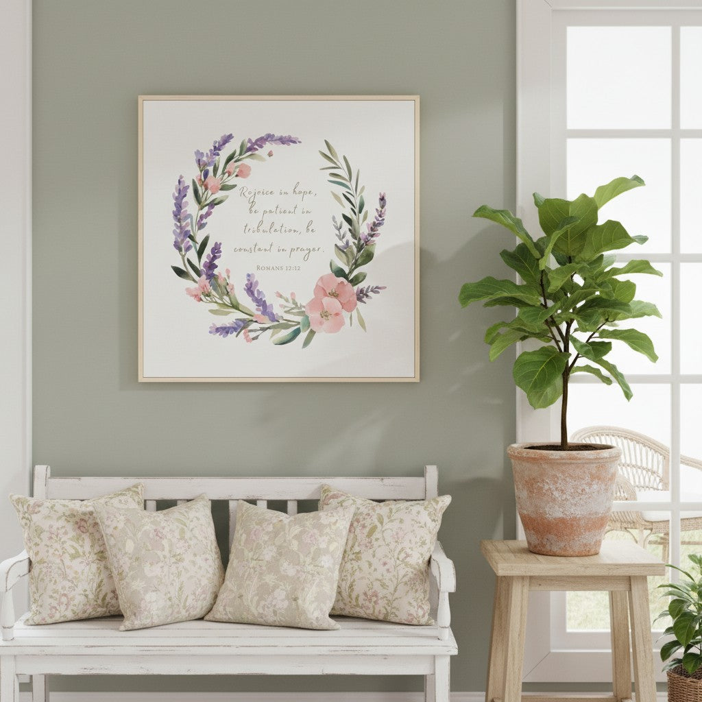 Watercolor wreath canvas wall art featuring Romans 12:12 scripture shown above sofa, adding a peaceful and faith-filled touch to home decor.