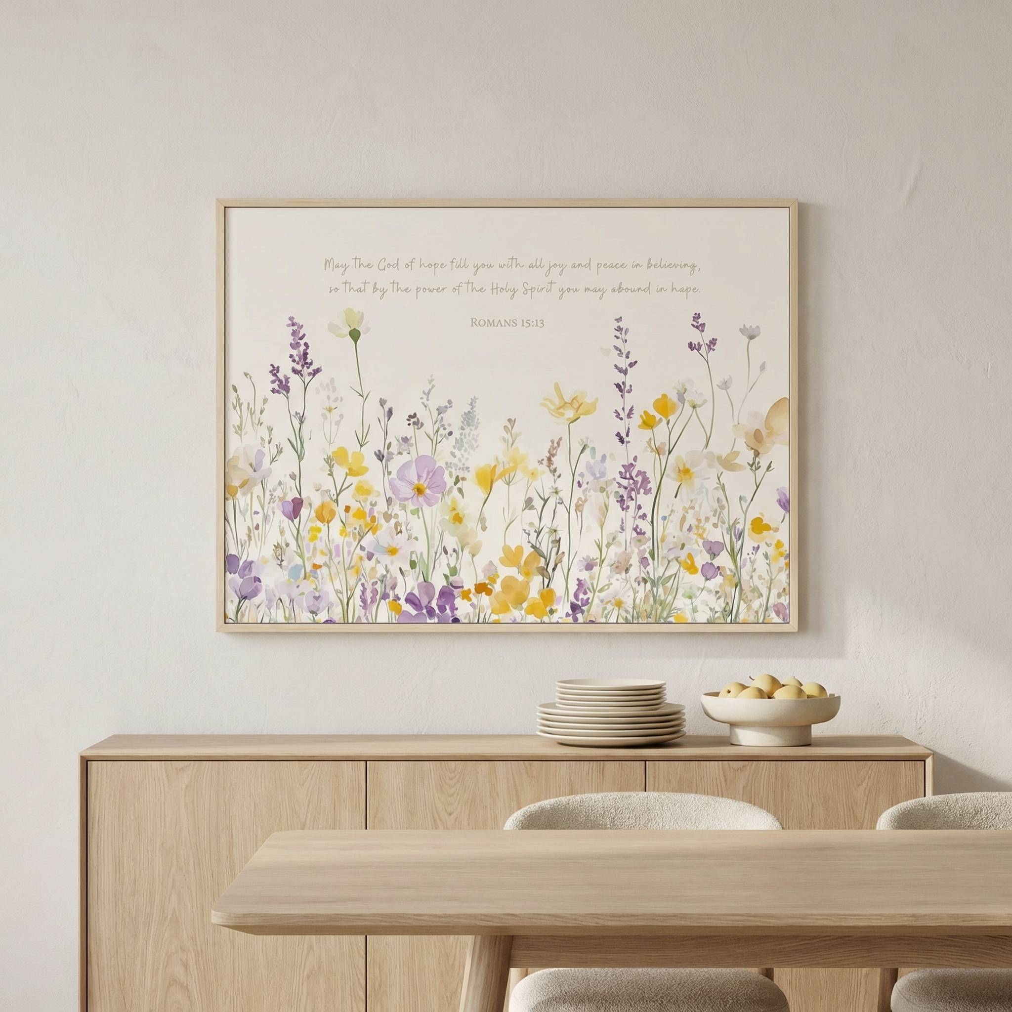 Horizontal Romans 15:13 "Abound in Hope" wildflower watercolor art in a light wood frame, styled on a neutral wall above a modern dining room sideboard and table.