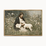 Vintage Christian landscape painting titled Safe in His Arms, depicting Jesus the Good Shepherd tenderly embracing a small lamb in a peaceful green meadow, inspired by John 10 and Luke 15.