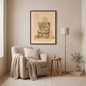 Framed watercolor vintage Christian wall art for children showing a duckling reading the Bible, displayed above a cream armchair in a neutral reading nook.