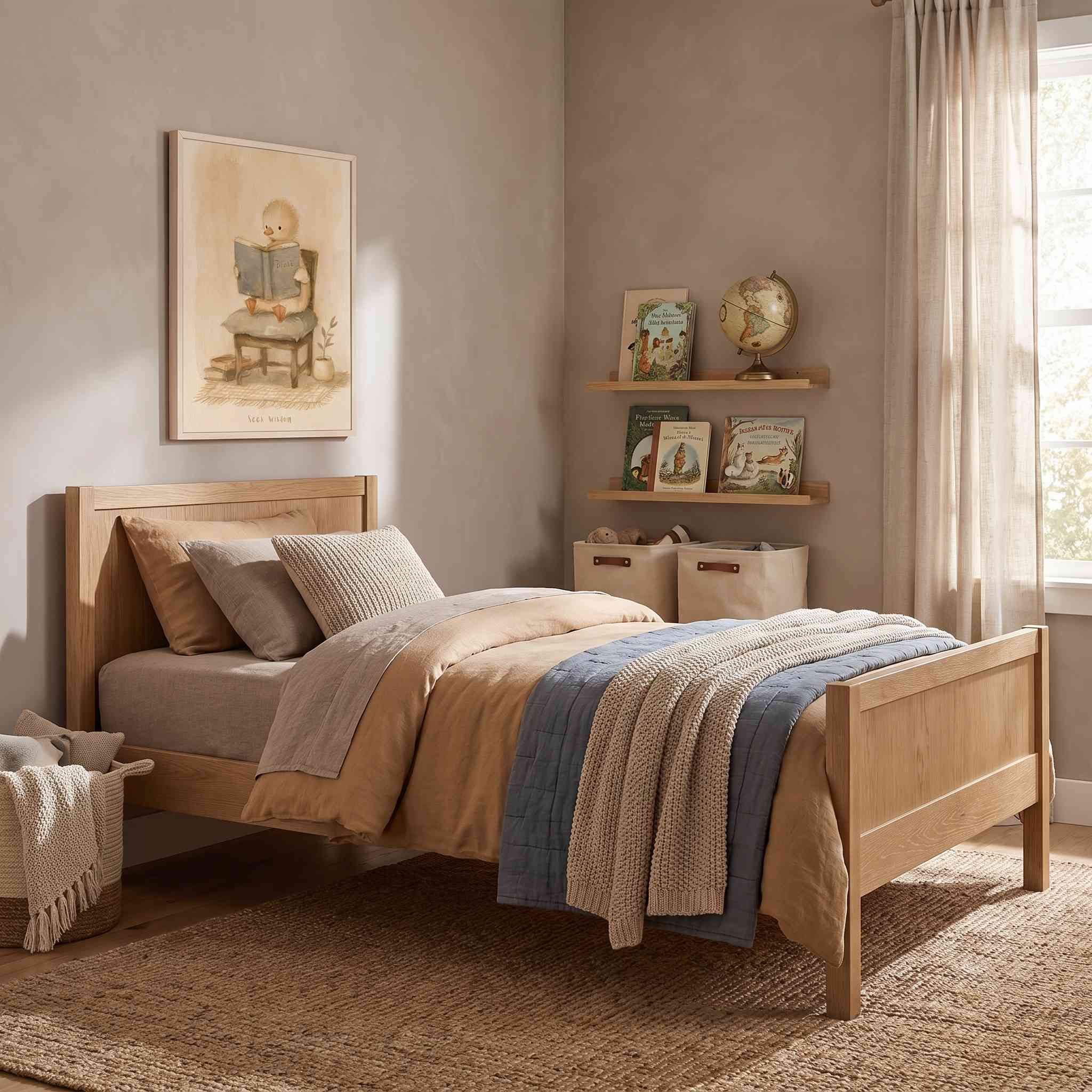 Framed Seek Wisdom Bible reading duck Christian kids wall art above a wooden twin bed with beige and blue bedding, beside bookshelves and a globe.