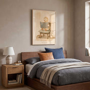 Seek Wisdom Bible reading duck Christian kids framed wall art above a wooden bed with gray bedding and blue and tan pillows.