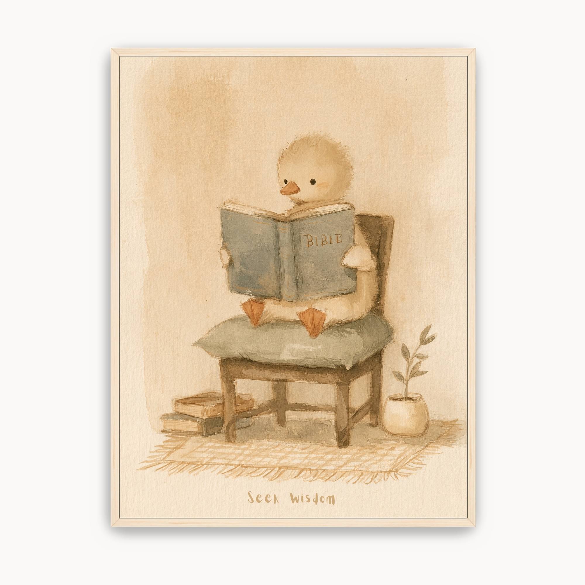 Seek Wisdom Christian kids wall art featuring a little duck reading the Bible on a wooden chair, with warm beige tones and a light wood frame.