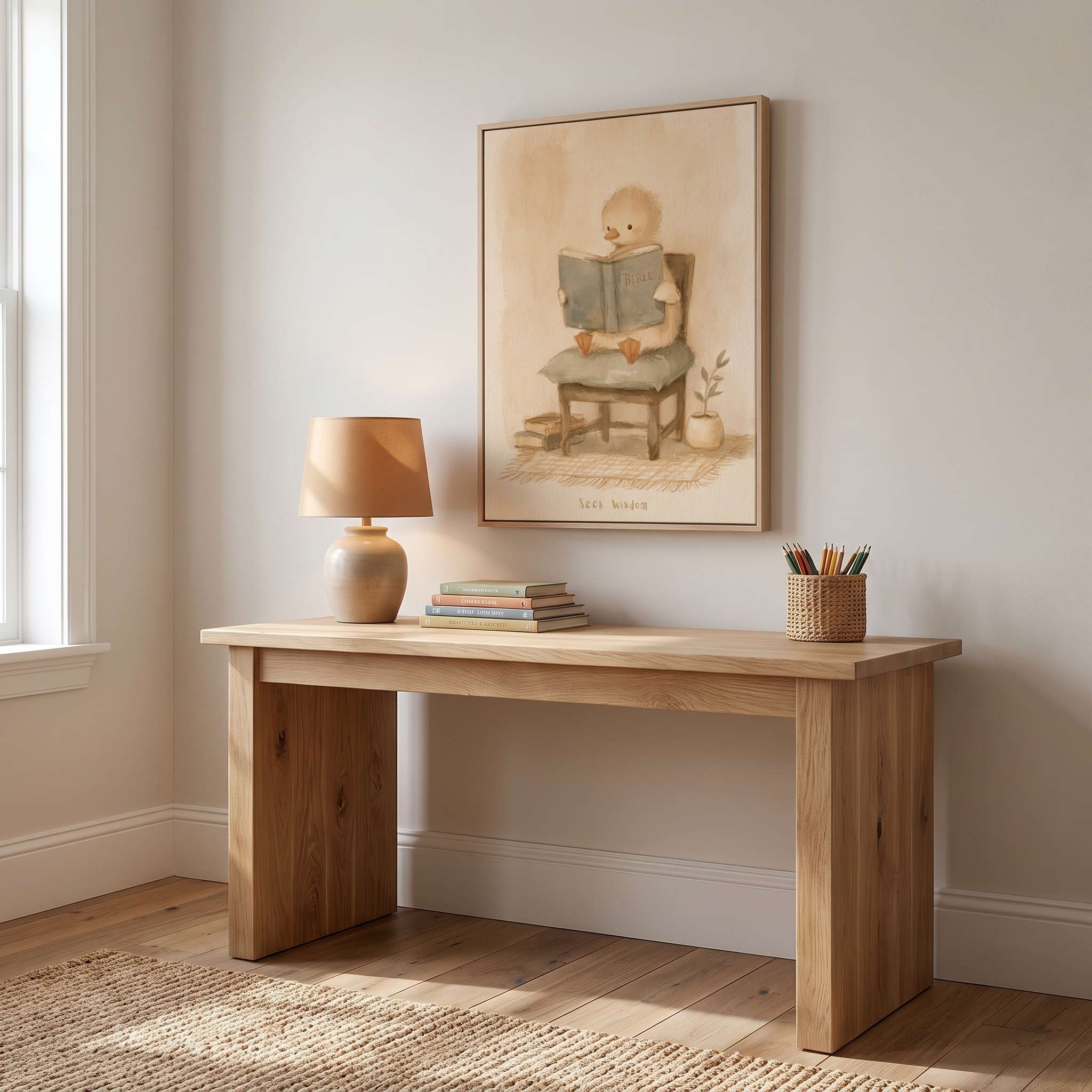 Framed Seek Wisdom Bible reading duck Christian kids wall art above a wooden study desk with books, colored pencils and a warm table lamp.