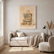 Seek Wisdom Bible reading duck Christian wall art on canvas above a cream sofa with a knitted blanket, beside a lamp and reading chair.