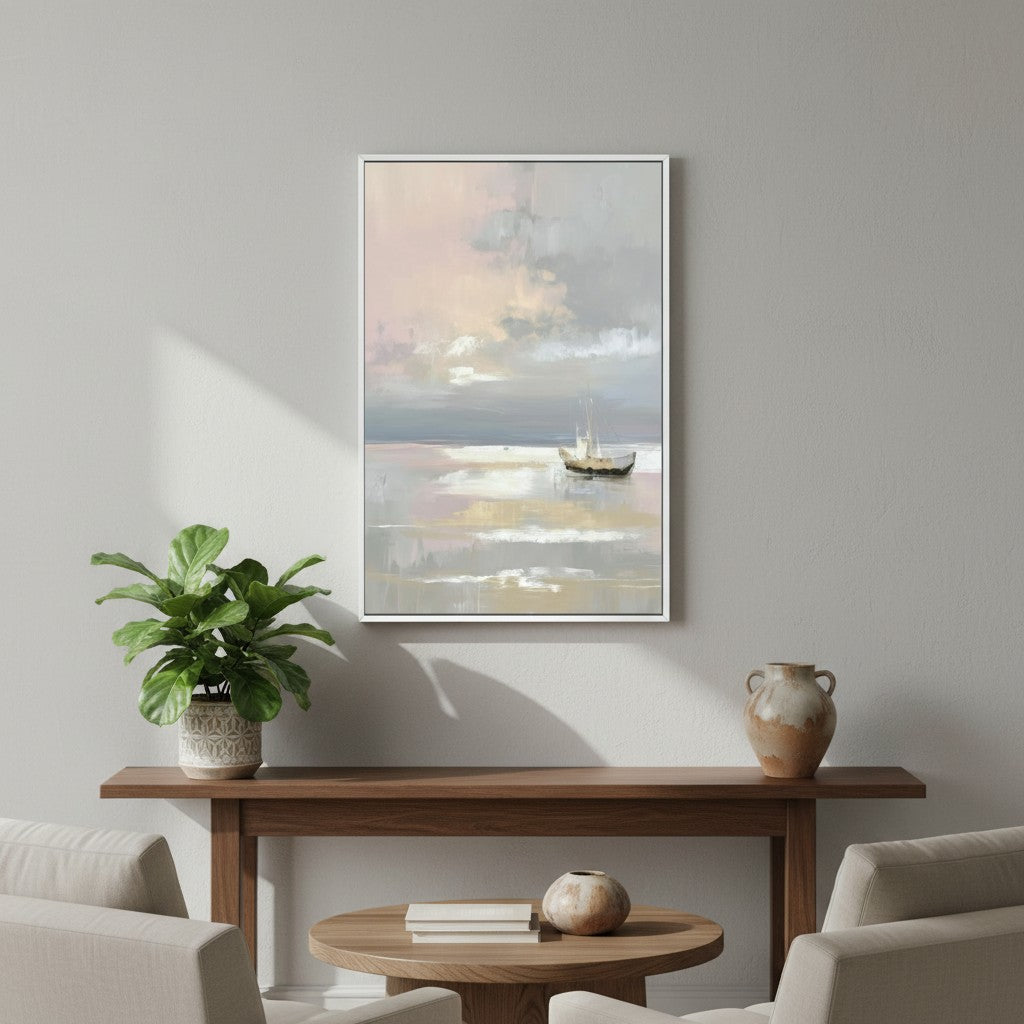 Serene watercolor boat canvas displayed in a neutral living room with soft lighting.
