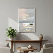 Serene watercolor boat canvas displayed in a neutral living room with soft lighting.