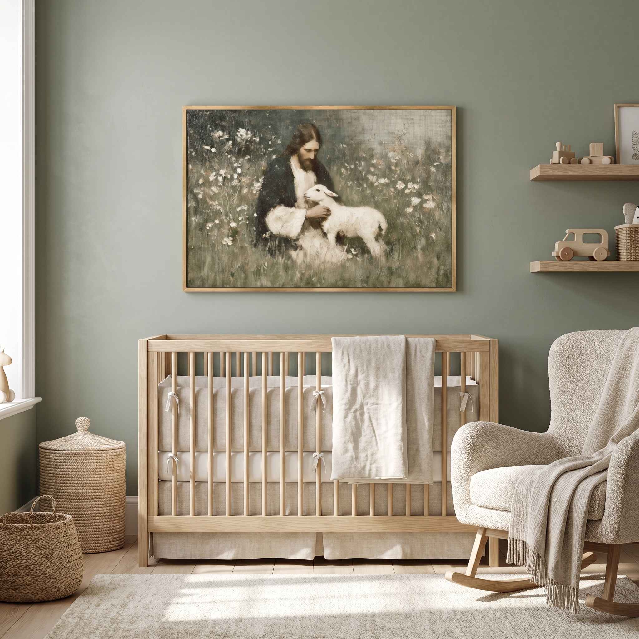 A framed art print depicting Jesus feeding a lamb hangs on a sage green wall above a light wood crib in a styled nursery setting.