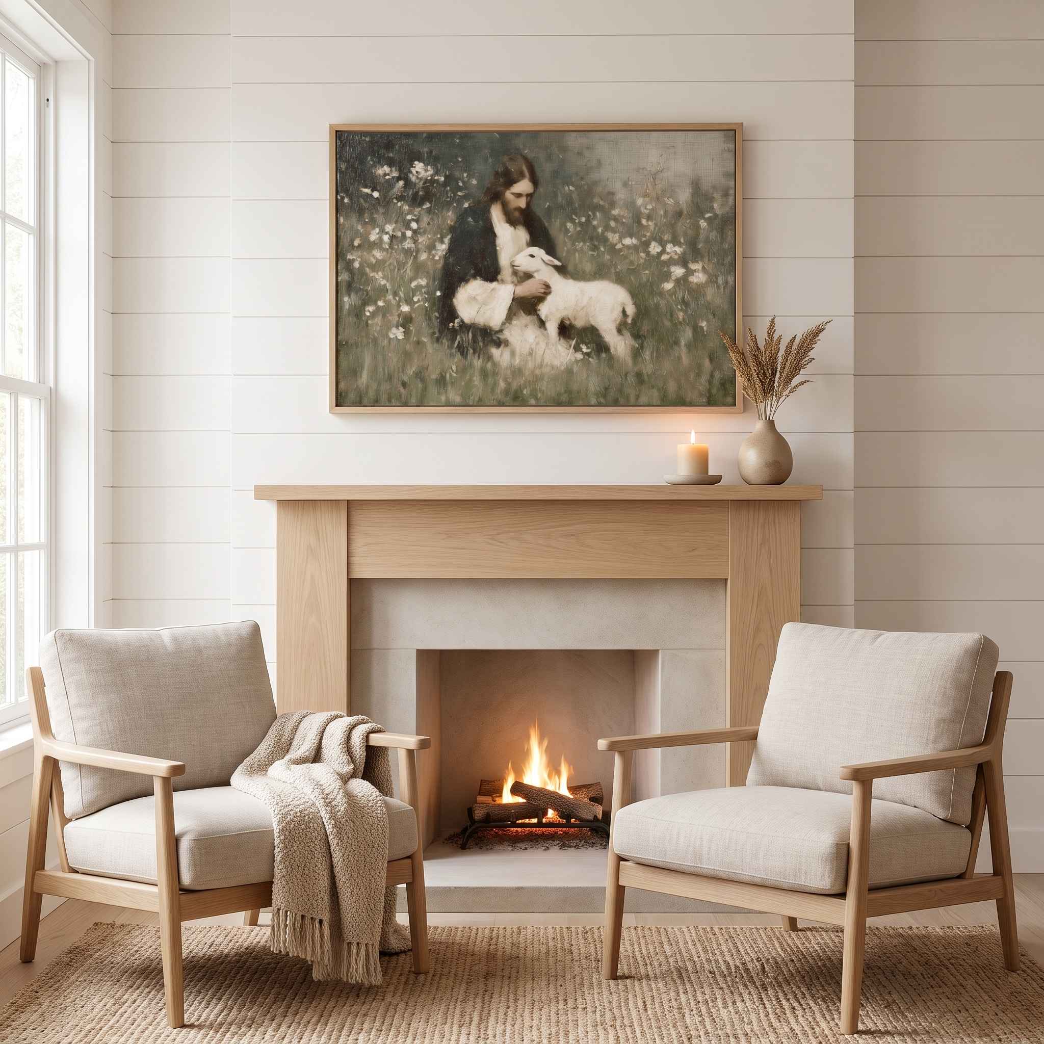 A framed art print depicting Jesus and a sheep hanging on a light wood fireplace mantel in a cozy, modern living room with two beige armchairs and a lit fire below.