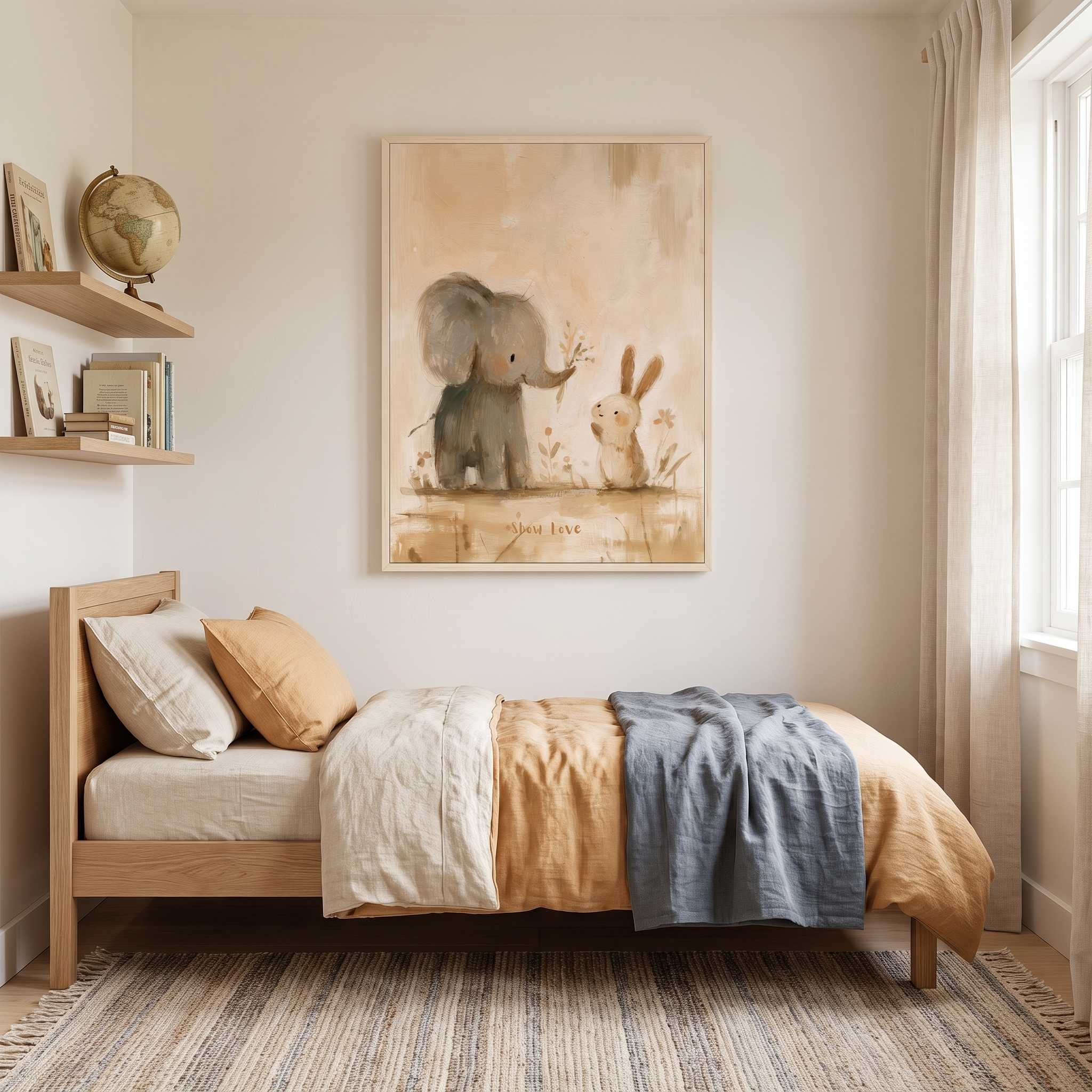 Framed Show Love elephant and bunny Christian kids wall art above a wooden bed with ochre bedding and a blue blanket in a bright child’s bedroom.