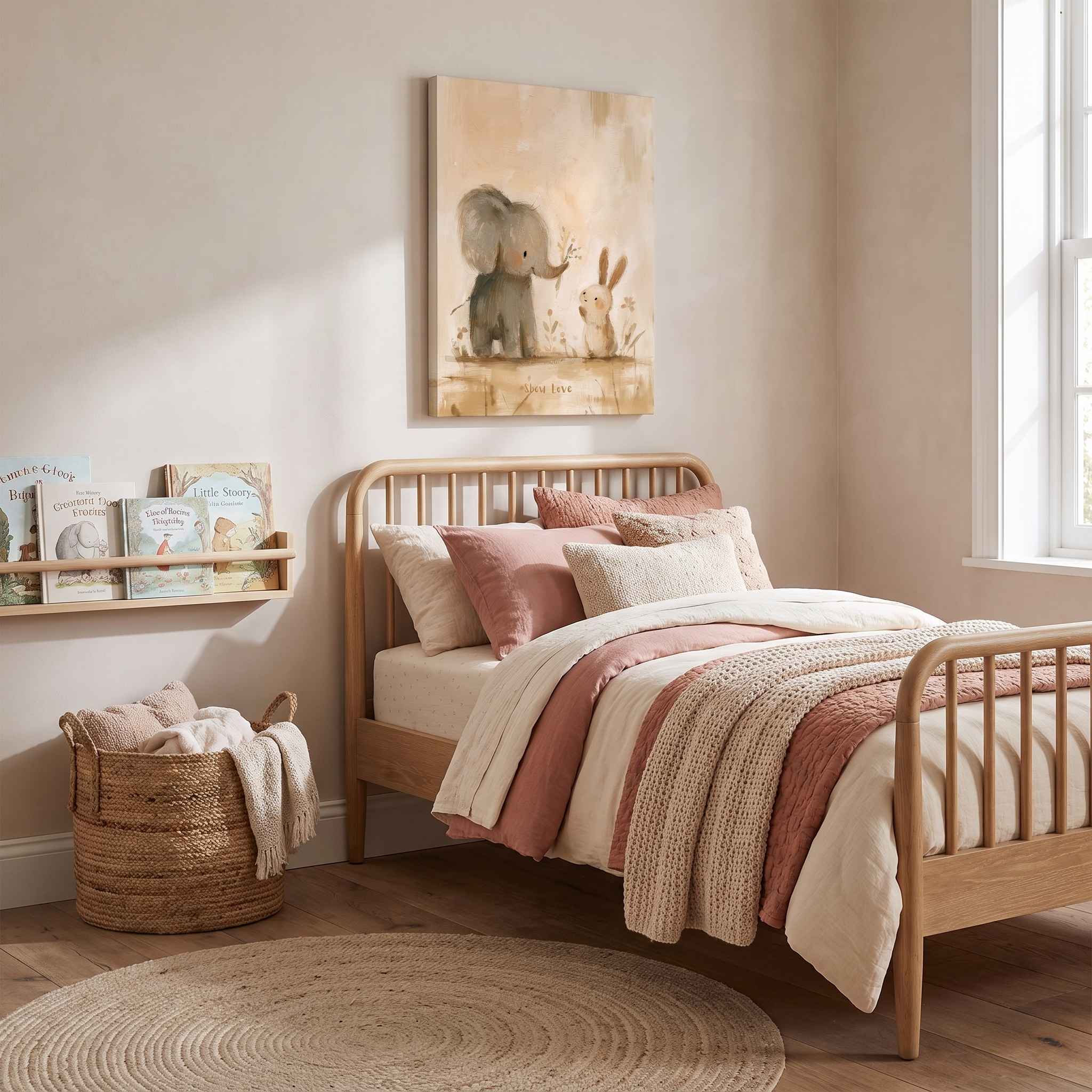 Show Love elephant and bunny Christian kids wall art on canvas above a wooden bed with blush bedding, children’s books and a woven basket.