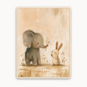 Show Love Christian kids wall art featuring a little elephant offering flowers to a bunny, with warm beige tones and a light wood frame.