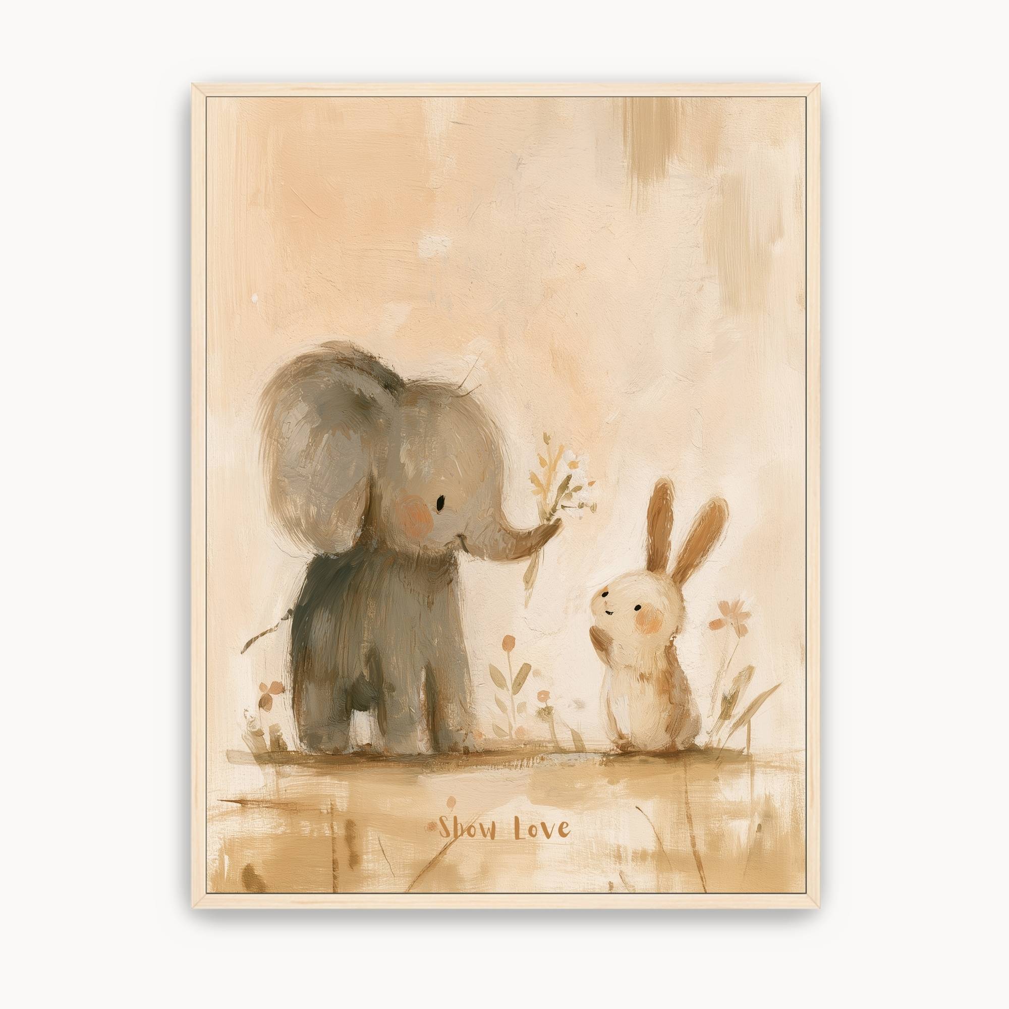 Show Love Christian kids wall art featuring a little elephant offering flowers to a bunny, with warm beige tones and a light wood frame.