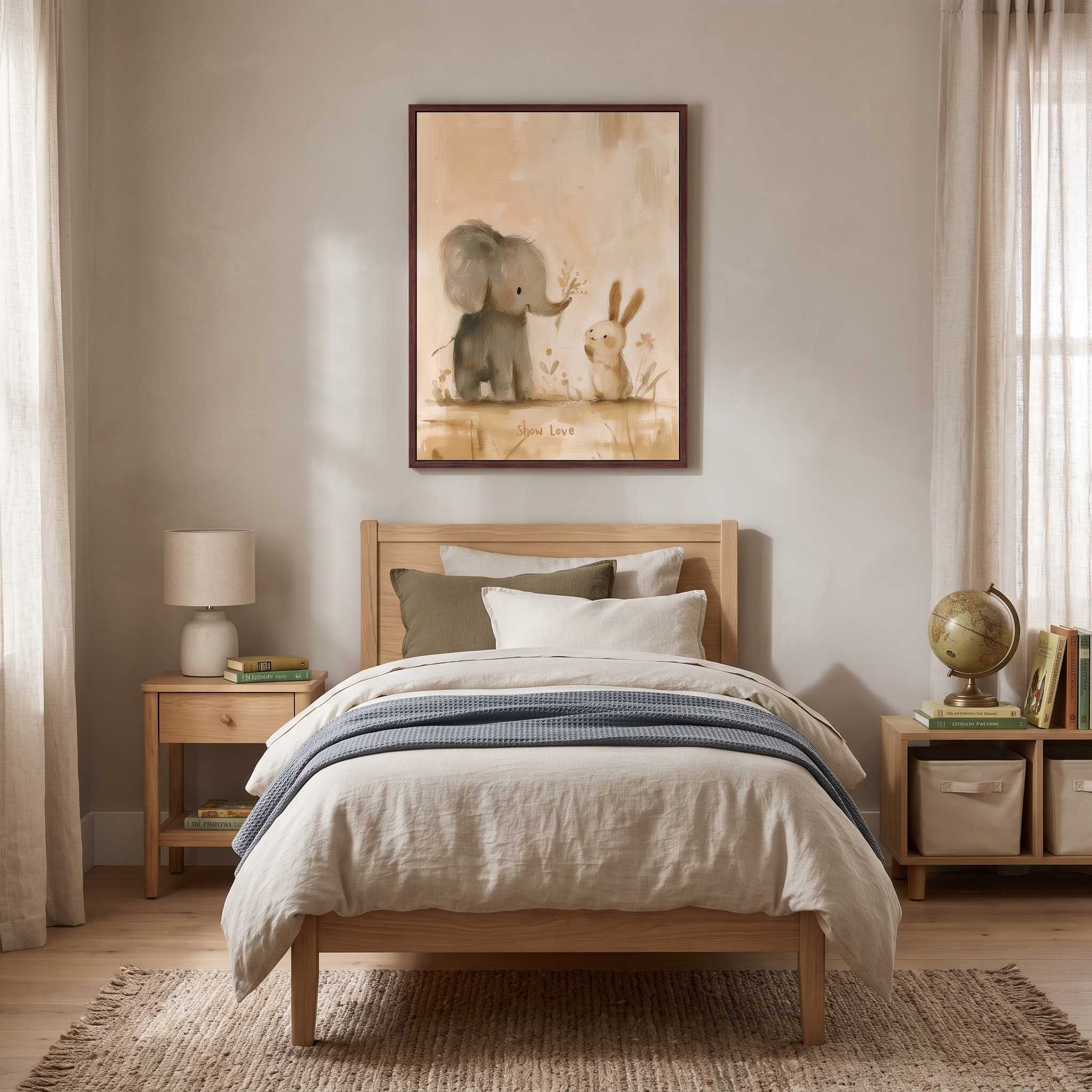 Christian nursery and kids wall art featuring a watercolor elephant and bunny with the words “Show Love,” framed above a wooden bed.