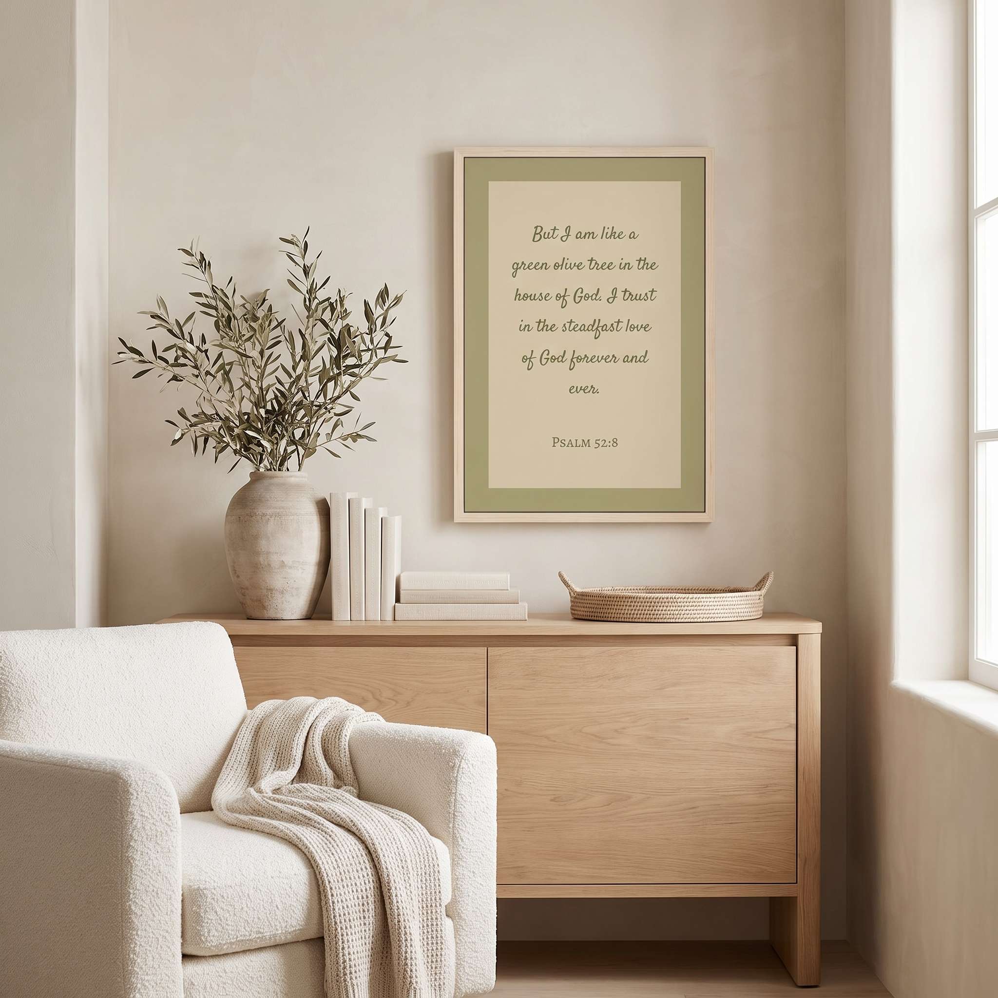 Minimalist Psalm 52:8 Scripture Wall Art | Like a Green Olive Tree