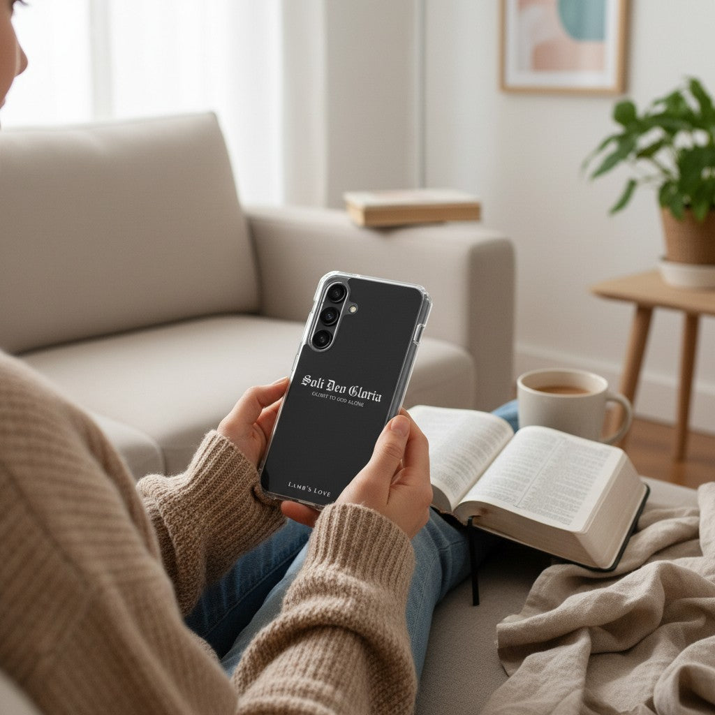 Soli Deo Gloria Christian Samsung Galaxy phone case held in living room with Bible and coffee – Glory to God Alone design