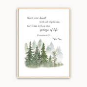 Vertical watercolor painting of a misty evergreen forest with the Bible verse Proverbs 4:23, "Keep your heart with all vigilance," in elegant typography.