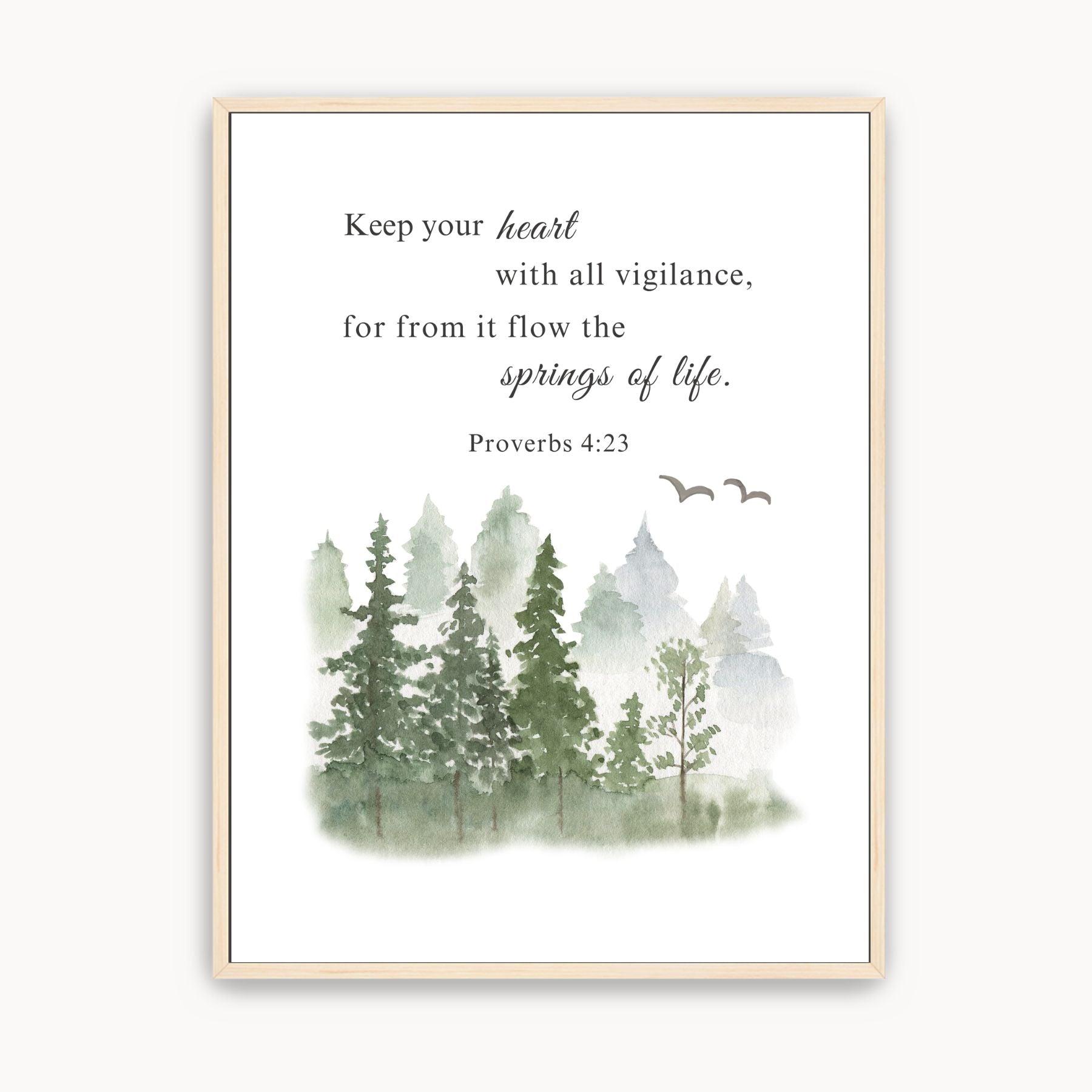 Framed canvas with a forest illustration and Proverbs 4:23 text on a white background