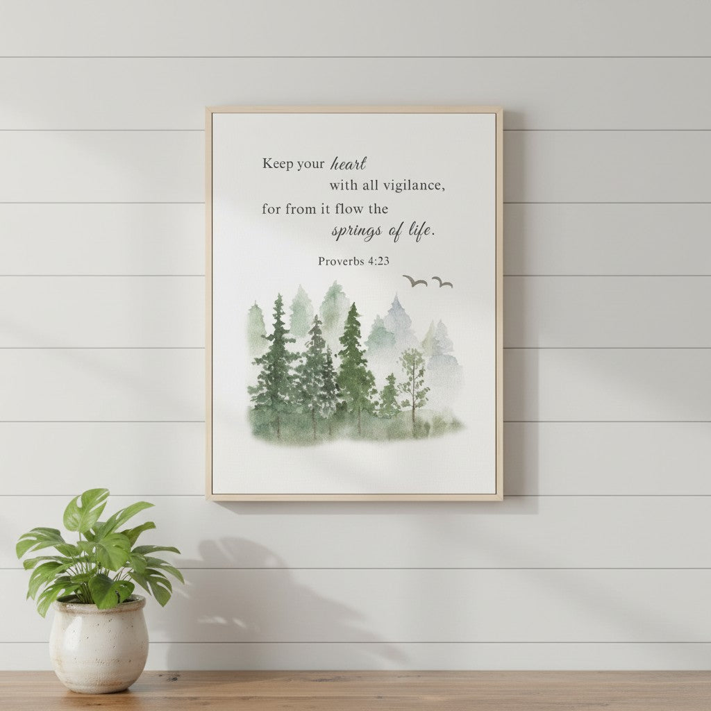 Framed watercolor forest Christian wall art featuring Proverbs 4:23 — “Keep your heart with all vigilance, for from it flow the springs of life.”