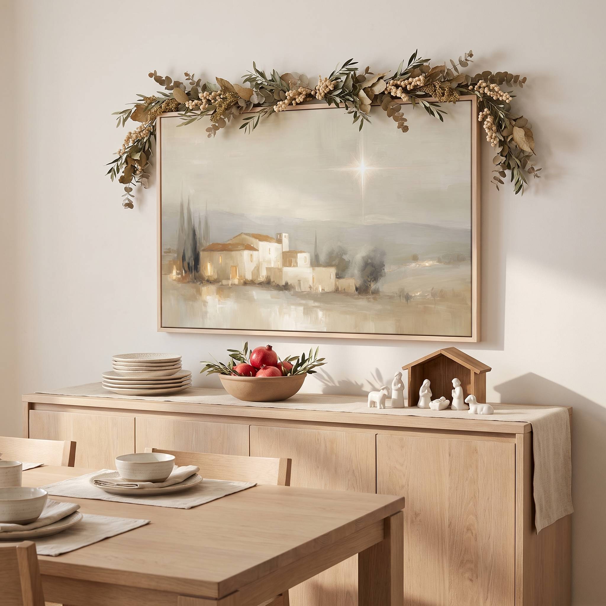 Framed vintage Christmas Christian wall art titled The Star Over Bethlehem, depicting the glowing star above Bethlehem, displayed above a light wood sideboard in an organic modern dining room.