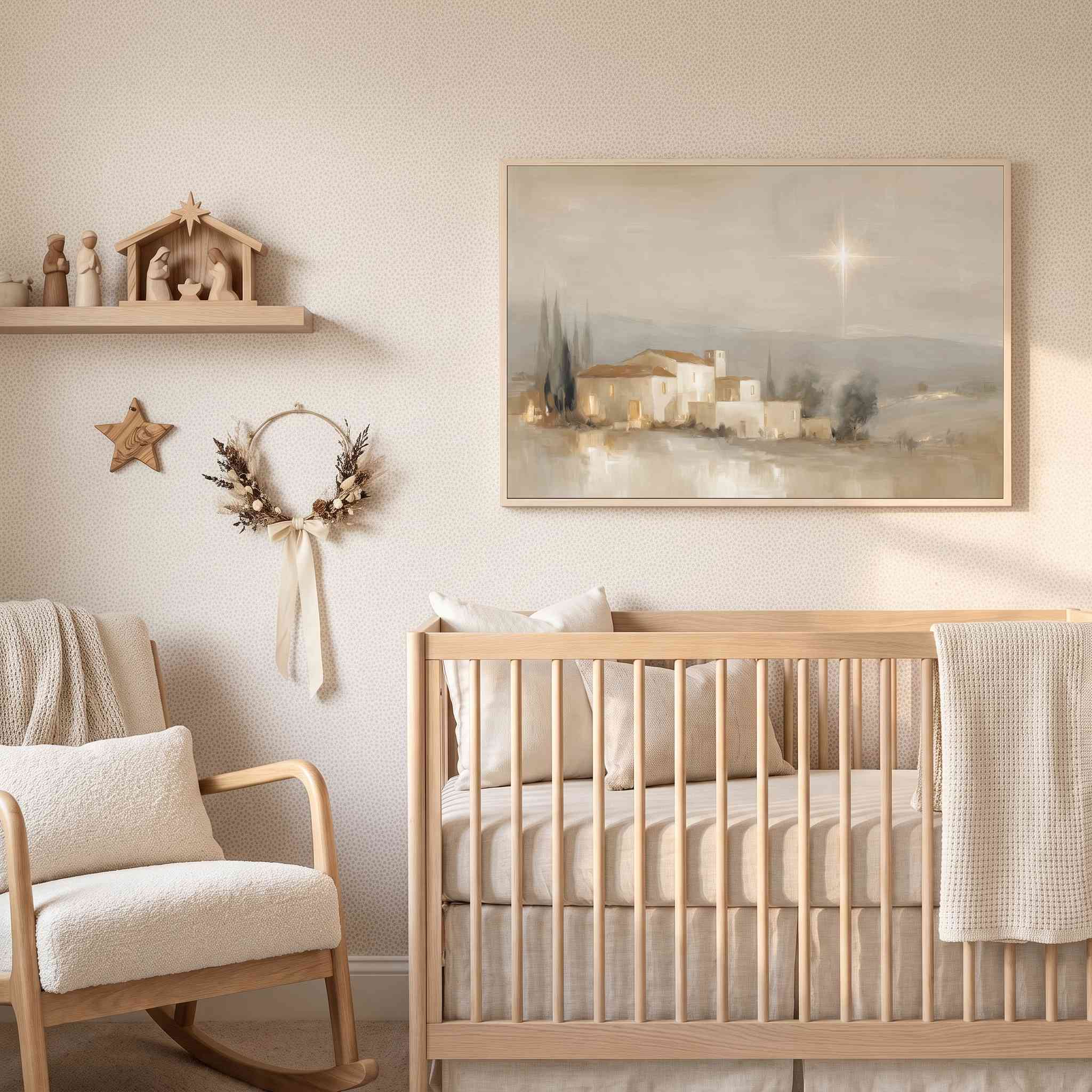 Framed vintage Christmas Christian wall art titled The Star Over Bethlehem, depicting the glowing star above Bethlehem, displayed above a light wood crib in a soft organic modern nursery.