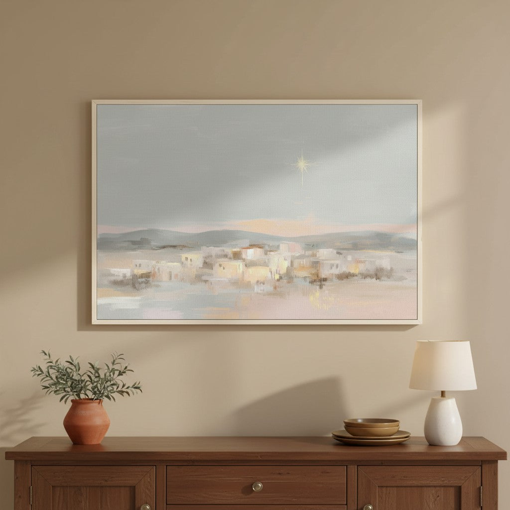 Christian watercolor Christmas wall art of the Star over Bethlehem, framed and styled in a cozy neutral home setting.
