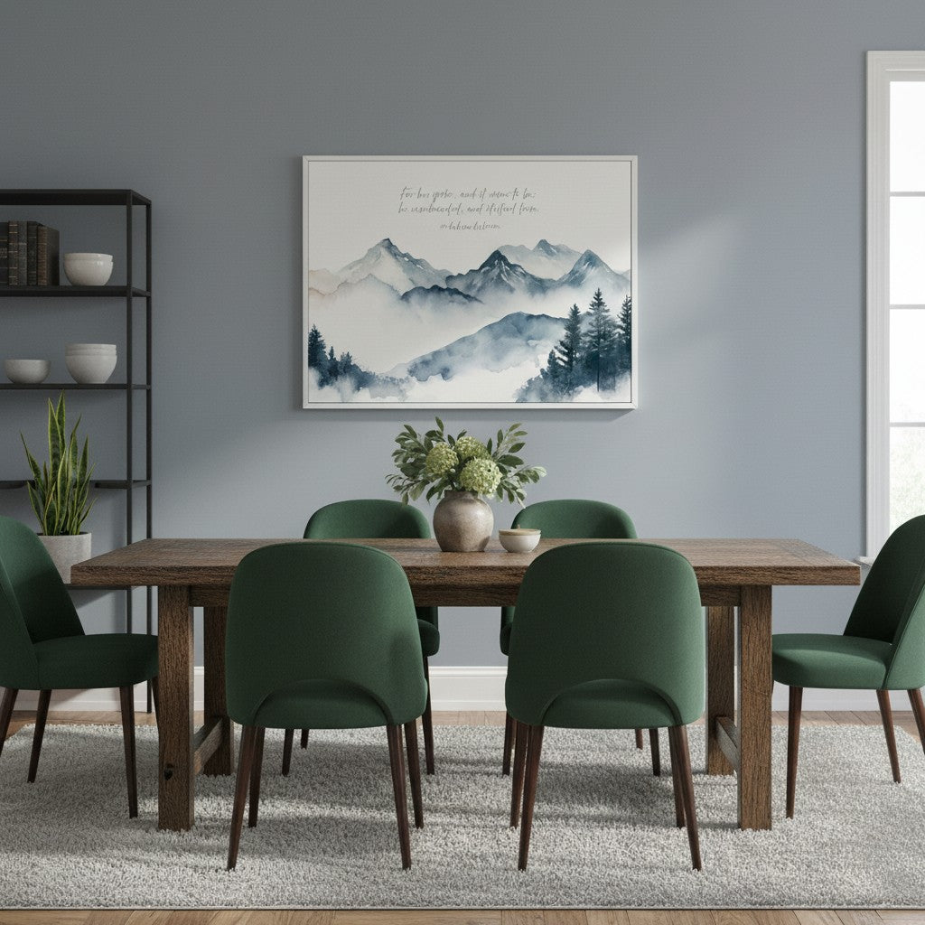 Psalm 33:9 watercolor mountain wall art displayed above a dining table, adding peaceful Scripture-inspired decor to the room.
