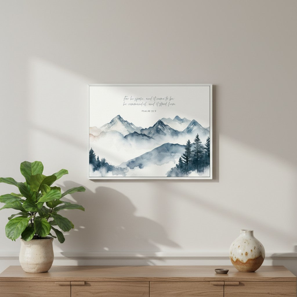 Christian wall art featuring a watercolor mountain scene and Psalm 33:9 verse, styled above a bed in a bright bedroom.