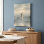 Take Courage Jesus walking on water Christian canvas wall art on a blue-gray wall above a wooden dining room sideboard with plates and a fruit bowl.
