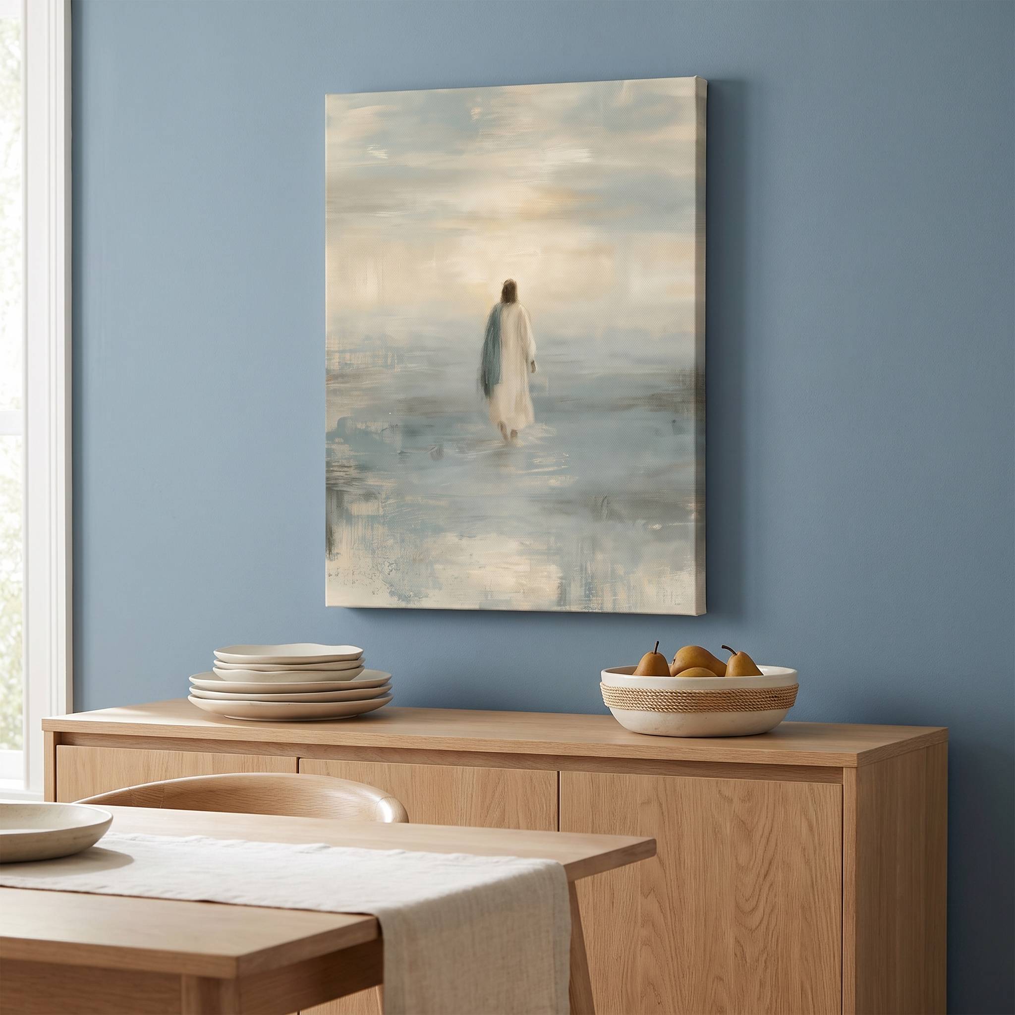Take Courage Jesus walking on water Christian canvas wall art on a blue-gray wall above a wooden dining room sideboard with plates and a fruit bowl.