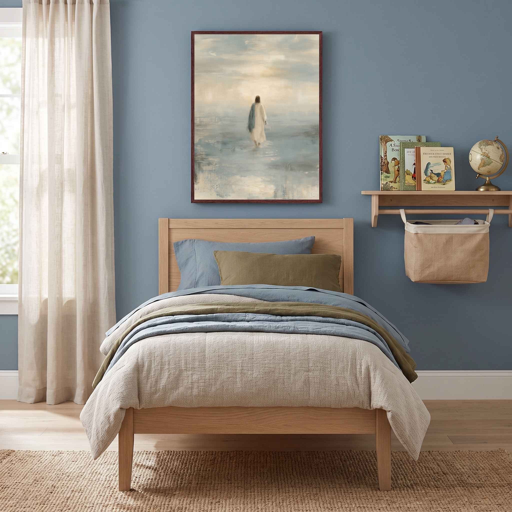 Framed Take Courage Jesus walking on water Christian wall art above a wooden single bed against a blue wall, beside children’s books and a globe.