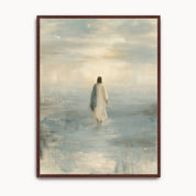 Take Courage Christian wall art showing Jesus walking on blue-gray water toward a softly glowing horizon, displayed in a dark wood frame.