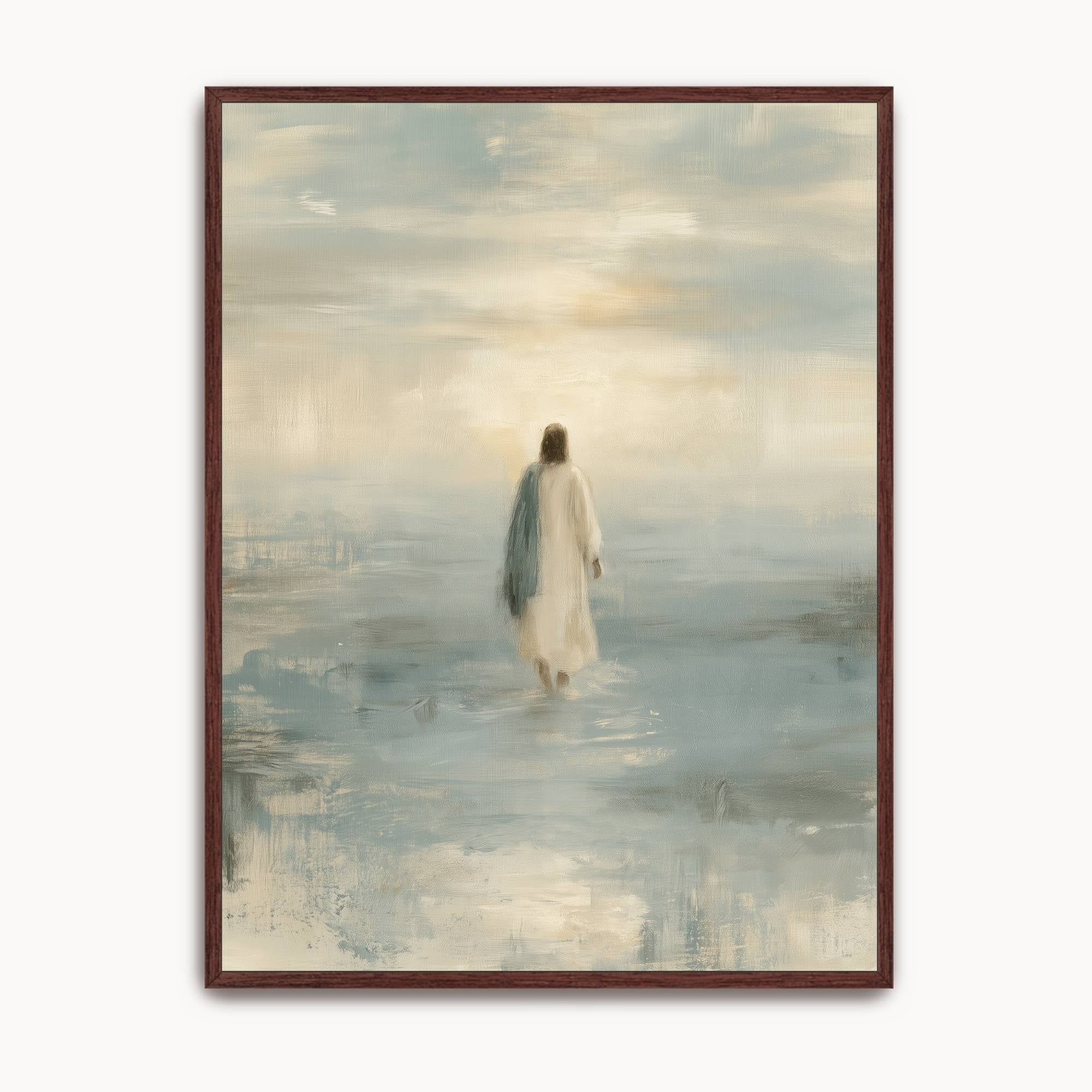 Take Courage Christian wall art showing Jesus walking on blue-gray water toward a softly glowing horizon, displayed in a dark wood frame.