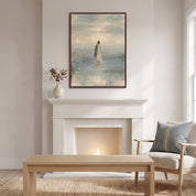 Take Courage Jesus walking on water Christian wall art in a dark wood frame above a white fireplace beside an armchair with a blue cushion.