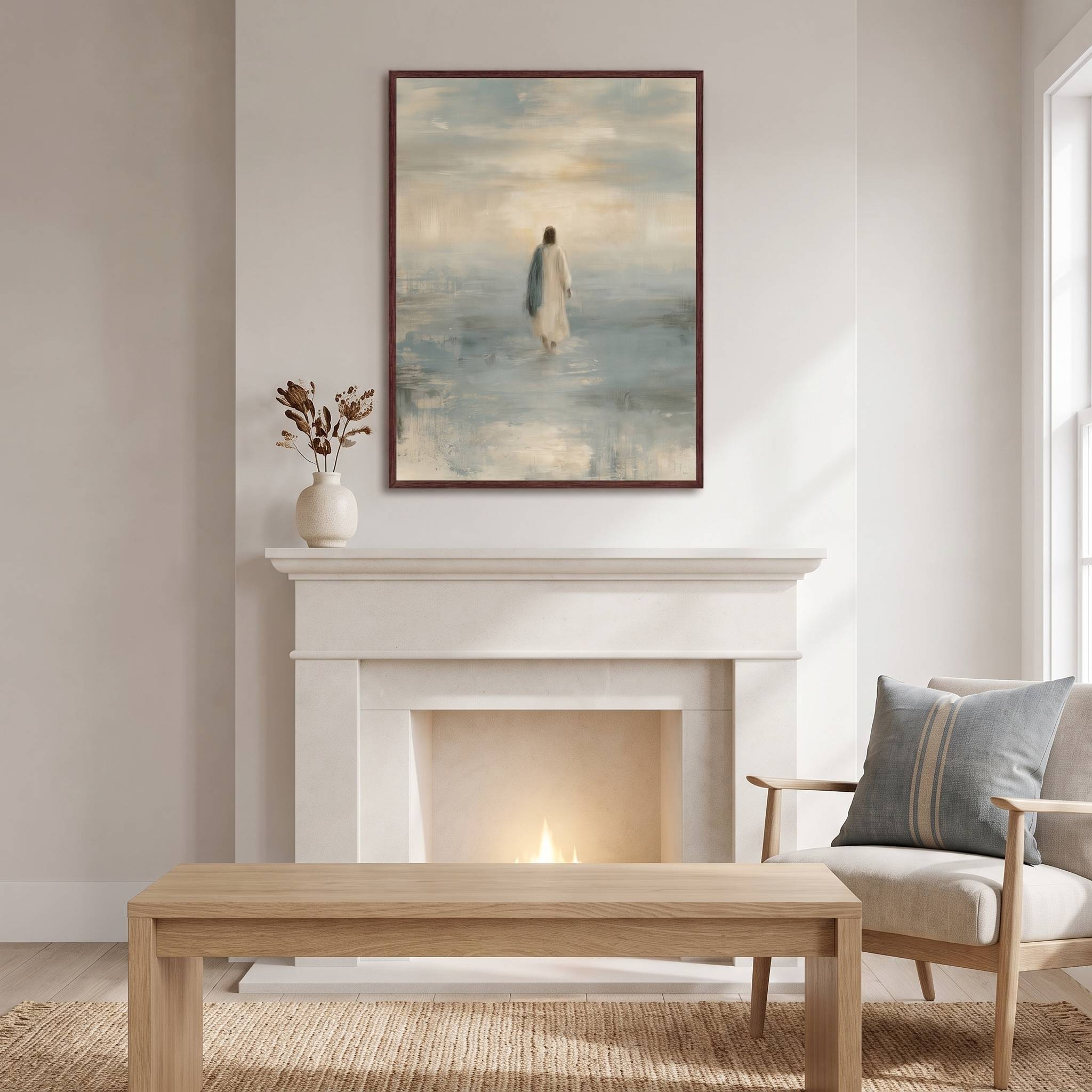 Take Courage Jesus walking on water Christian wall art in a dark wood frame above a white fireplace beside an armchair with a blue cushion.