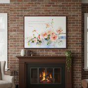 Framed Christian wall art of pink watercolor roses with Psalm 34:8 displayed above a rustic brick fireplace, bringing warmth and peace to home décor.